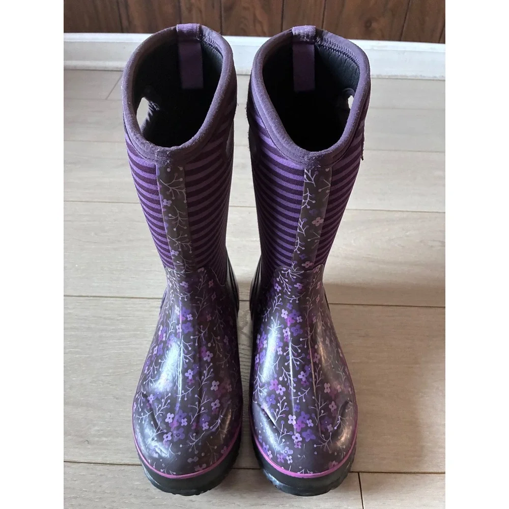 Bogs Classic Flower Stripe Purple Floral Rain Boots Kids Youth 5